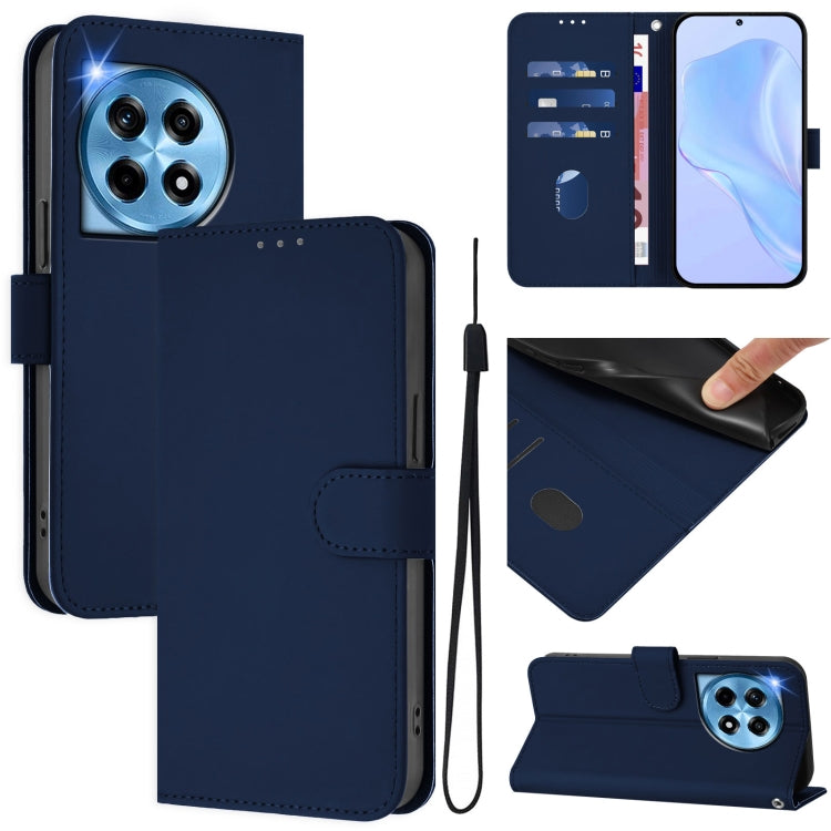 Skin Feel Solid Color Leather Phone Case with Lanyard, For OnePlus 12 5G Global