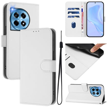 Skin Feel Solid Color Leather Phone Case with Lanyard, For OnePlus 12 5G Global