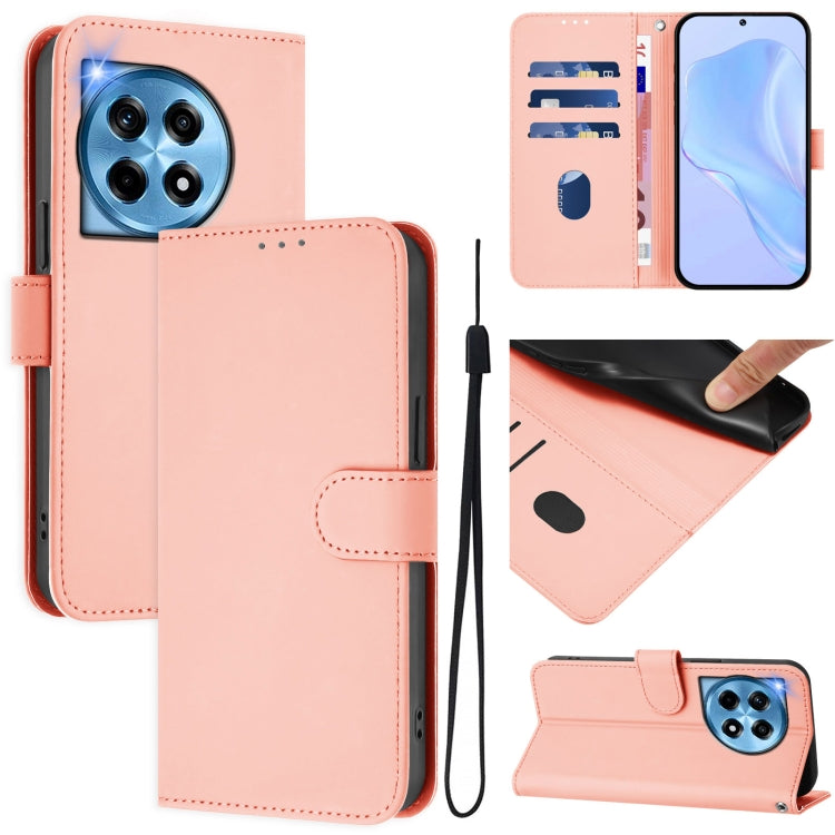 Skin Feel Solid Color Leather Phone Case with Lanyard, For OnePlus 12R 5G Global
