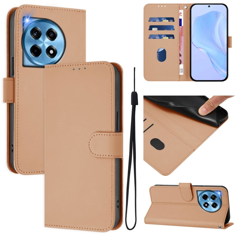 Skin Feel Solid Color Leather Phone Case with Lanyard, For OnePlus 12R 5G Global