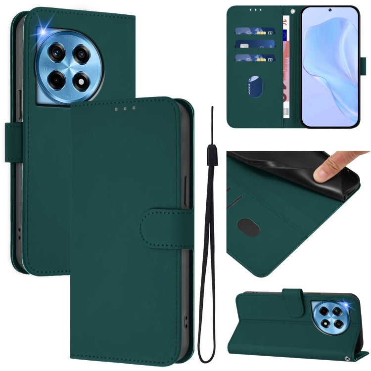 Skin Feel Solid Color Leather Phone Case with Lanyard, For OnePlus 12R 5G Global