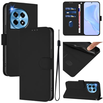 Skin Feel Solid Color Leather Phone Case with Lanyard, For OnePlus 12R 5G Global