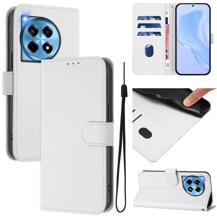 Skin Feel Solid Color Leather Phone Case with Lanyard, For OnePlus 12R 5G Global
