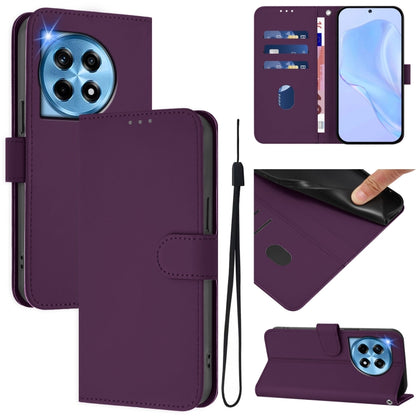 Skin Feel Solid Color Leather Phone Case with Lanyard, For OnePlus 12R 5G Global