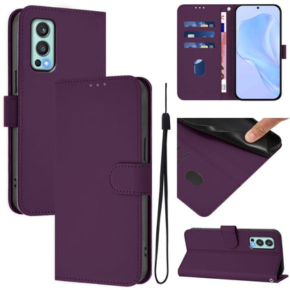 Skin Feel Solid Color Leather Phone Case with Lanyard, For OnePlus Nord 2 5G