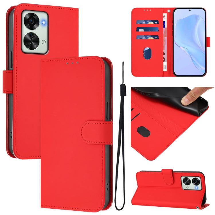 Skin Feel Solid Color Leather Phone Case with Lanyard, For OnePlus Nord 2T