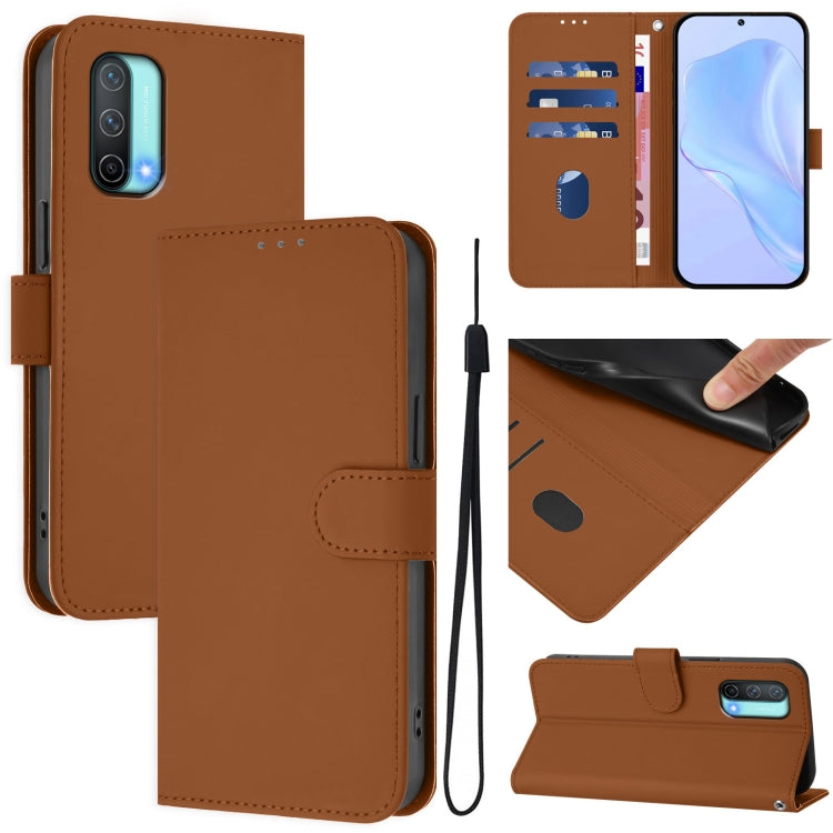 Skin Feel Solid Color Leather Phone Case with Lanyard, For OnePlus Nord CE 5G