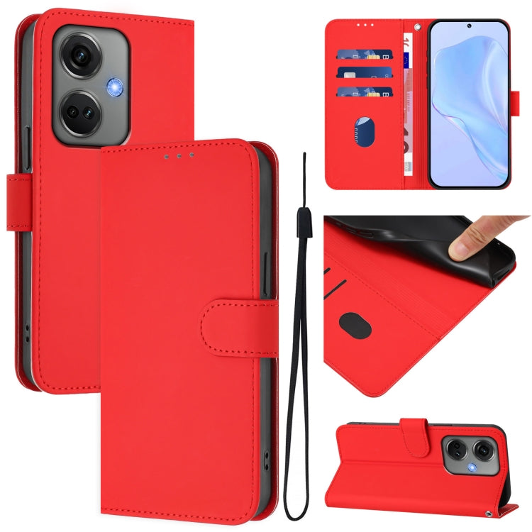 Skin Feel Solid Color Leather Phone Case with Lanyard, For OnePlus Nord CE3 5G India