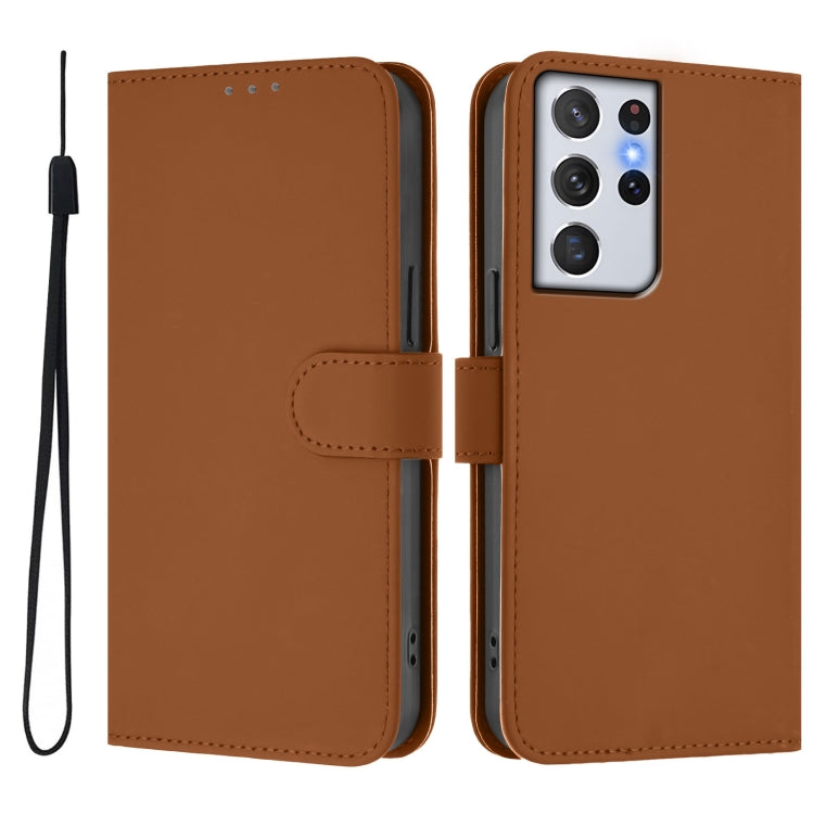 Skin Feel Solid Color Leather Phone Case with Lanyard, For Samsung Galaxy S21 Ultra 5G