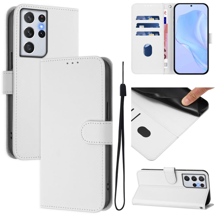 Skin Feel Solid Color Leather Phone Case with Lanyard, For Samsung Galaxy S21 Ultra 5G
