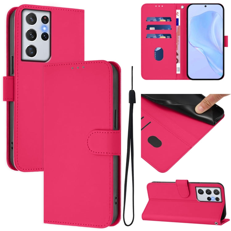 Skin Feel Solid Color Leather Phone Case with Lanyard, For Samsung Galaxy S21 Ultra 5G