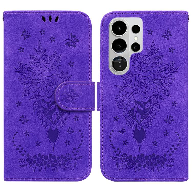 Butterfly Rose Embossed Leather Phone Case, For Samsung Galaxy S26+ 5G, For Samsung Galaxy S26 Edge 5G, For Samsung Galaxy S26 Ultra 5G, For Samsung Galaxy S26 5G