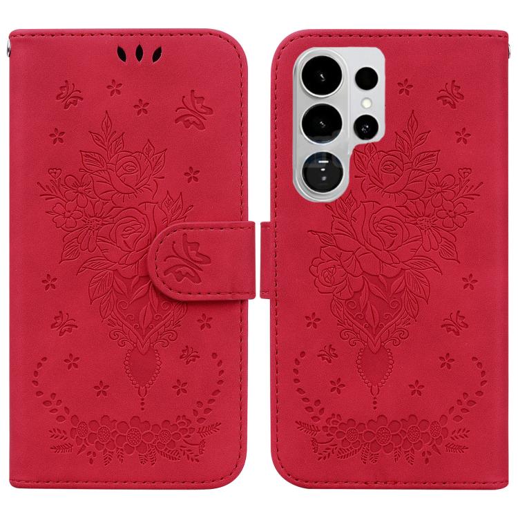 Butterfly Rose Embossed Leather Phone Case, For Samsung Galaxy S26+ 5G, For Samsung Galaxy S26 Edge 5G, For Samsung Galaxy S26 Ultra 5G, For Samsung Galaxy S26 5G