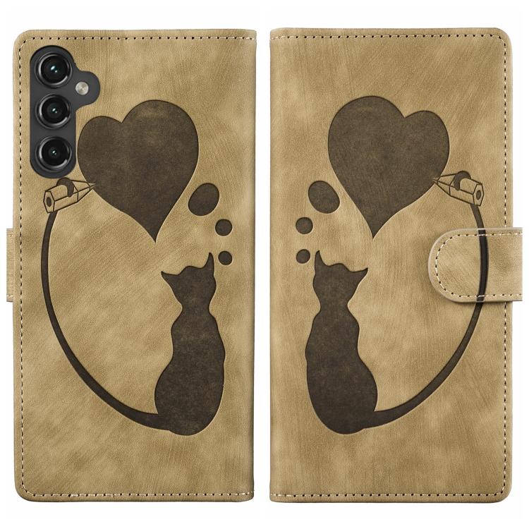 Pen Heart Cat Embossed Leather Phone Case, For Galaxy S26 FE 5G, For Samsung Galaxy S26+ 5G, For Samsung Galaxy S26 Ultra 5G, For Samsung Galaxy S26 5G