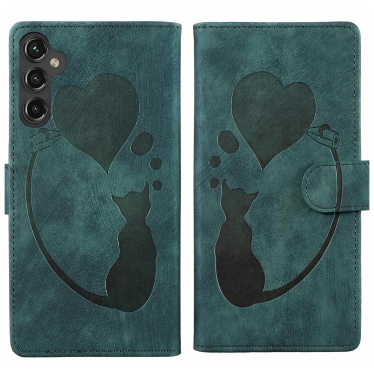 Pen Heart Cat Embossed Leather Phone Case, For Galaxy S26 FE 5G, For Samsung Galaxy S26+ 5G, For Samsung Galaxy S26 Ultra 5G, For Samsung Galaxy S26 5G