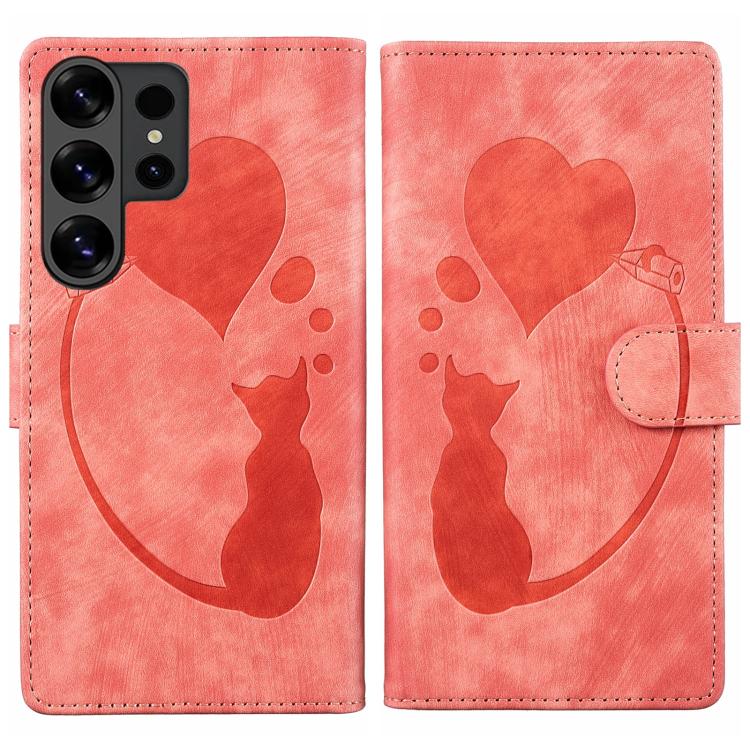 Pen Heart Cat Embossed Leather Phone Case, For Galaxy S26 FE 5G, For Samsung Galaxy S26+ 5G, For Samsung Galaxy S26 Ultra 5G, For Samsung Galaxy S26 5G