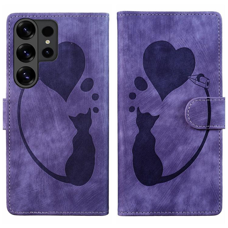 Pen Heart Cat Embossed Leather Phone Case, For Galaxy S26 FE 5G, For Samsung Galaxy S26+ 5G, For Samsung Galaxy S26 Ultra 5G, For Samsung Galaxy S26 5G