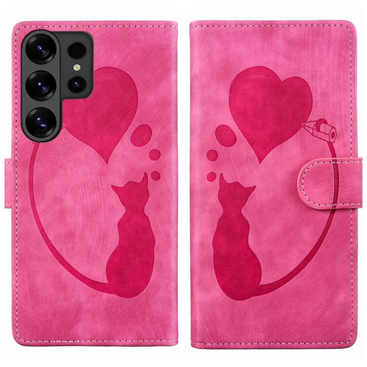 Pen Heart Cat Embossed Leather Phone Case, For Galaxy S26 FE 5G, For Samsung Galaxy S26+ 5G, For Samsung Galaxy S26 Ultra 5G, For Samsung Galaxy S26 5G