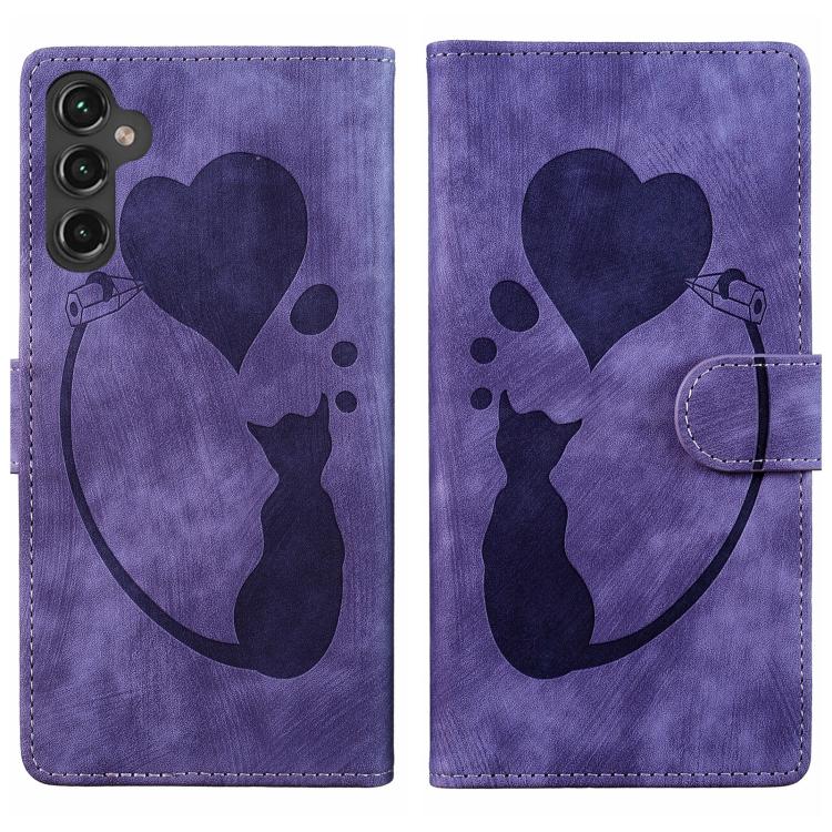 Pen Heart Cat Embossed Leather Phone Case, For Samsung Galaxy S26+ 5G, For Samsung Galaxy S26 Ultra 5G, For Samsung Galaxy S26 5G, For Samsung Galaxy S25 FE 5G
