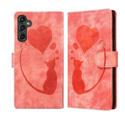 Pen Heart Cat Embossed Leather Phone Case, For Galaxy S26 FE 5G, For Samsung Galaxy S26+ 5G, For Samsung Galaxy S26 Ultra 5G, For Samsung Galaxy S26 5G