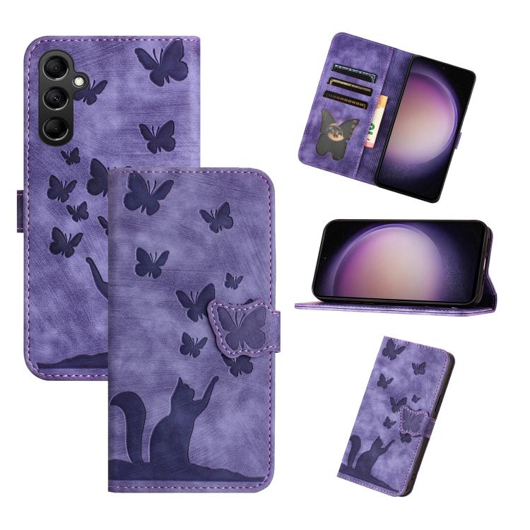 Butterfly Cat Embossing Flip Leather Phone Case, For Galaxy S26 FE 5G, For Samsung Galaxy S26+ 5G, For Samsung Galaxy S26 Edge 5G, For Samsung Galaxy S26 Ultra 5G