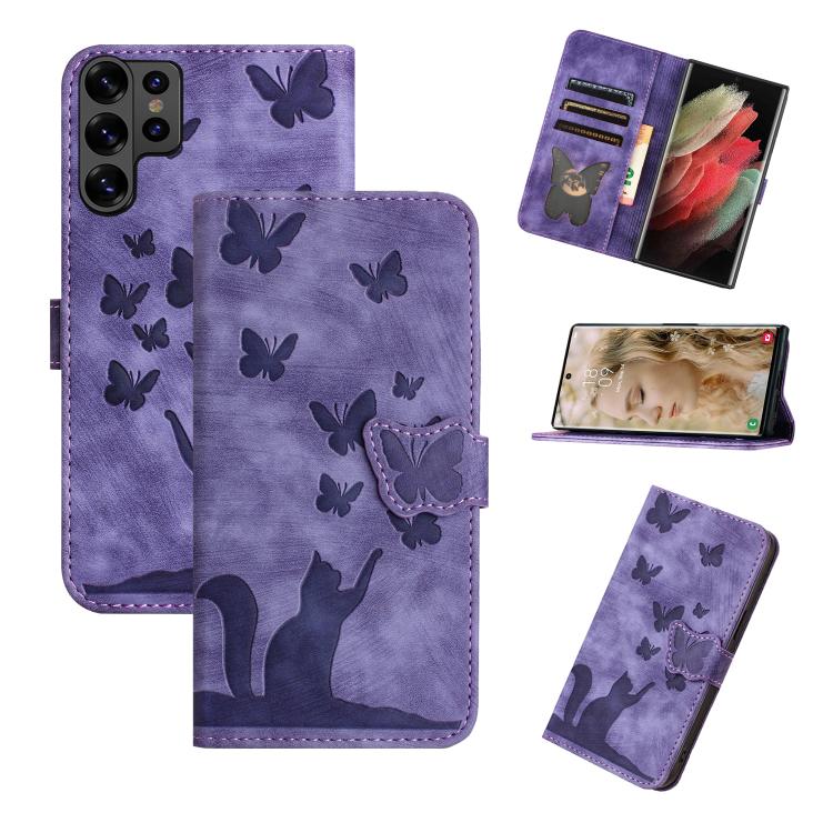 Butterfly Cat Embossing Flip Leather Phone Case, For Galaxy S26 FE 5G, For Samsung Galaxy S26+ 5G, For Samsung Galaxy S26 Edge 5G, For Samsung Galaxy S26 Ultra 5G
