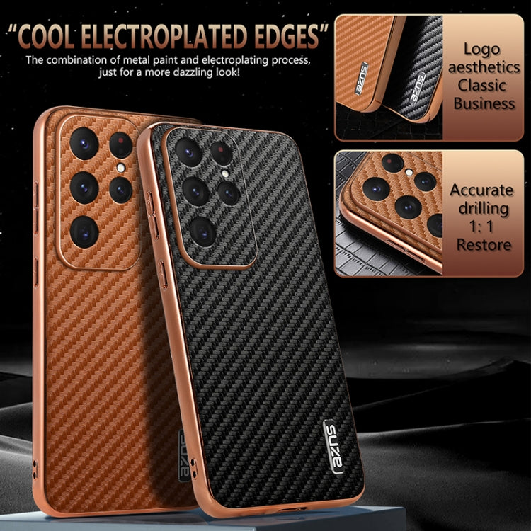 AZNS Electroplated Edge Carbon Fiber Texture Phone Case, For Samsung Galaxy S25 Ultra 5G, For Samsung Galaxy S23 Ultra 5G, For Samsung Galaxy S22 Ultra 5G