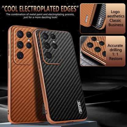 AZNS Electroplated Edge Carbon Fiber Texture Phone Case, For Samsung Galaxy S25 Ultra 5G, For Samsung Galaxy S23 Ultra 5G, For Samsung Galaxy S22 Ultra 5G
