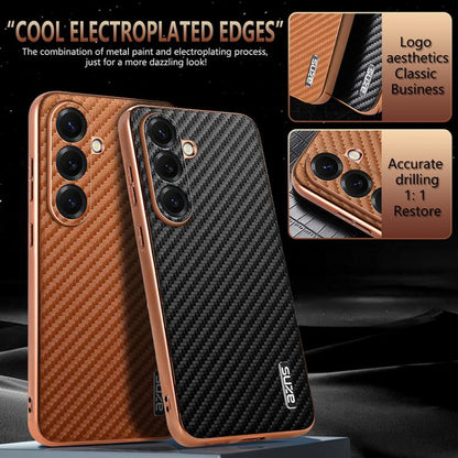 AZNS Electroplated Edge Carbon Fiber Texture Phone Case, For Samsung Galaxy S26+ 5G, For Samsung Galaxy S26 Ultra 5G, For Samsung Galaxy S26 5G, For Samsung Galaxy S25 Edge 5G, For Samsung Galaxy S25 5G, For Samsung Galaxy S25+ 5G