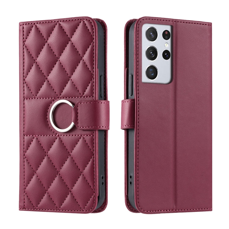 Ring Buckle Rhombic Leather Phone Case, For Samsung Galaxy S21 FE 5G, For Samsung Galaxy S21 5G, For Samsung Galaxy S21+ 5G, For Samsung Galaxy S21 Ultra 5G