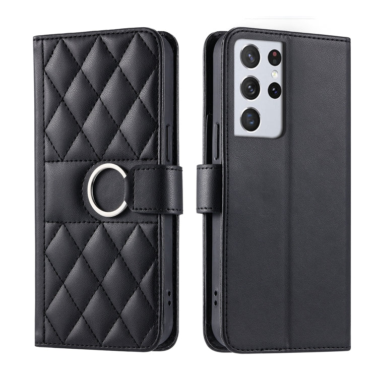 Ring Buckle Rhombic Leather Phone Case, For Samsung Galaxy S21 FE 5G, For Samsung Galaxy S21 5G, For Samsung Galaxy S21+ 5G, For Samsung Galaxy S21 Ultra 5G