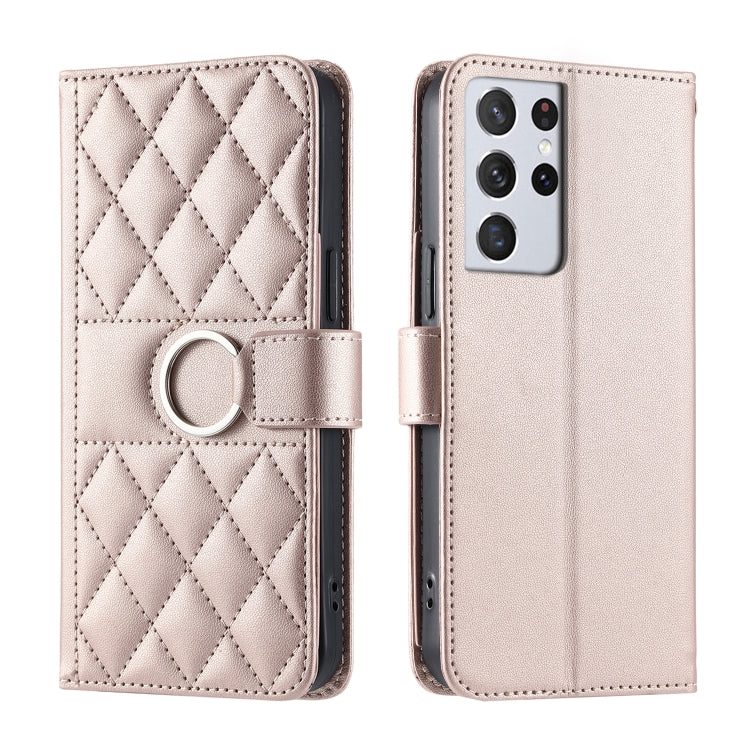 Ring Buckle Rhombic Leather Phone Case, For Samsung Galaxy S21 FE 5G, For Samsung Galaxy S21 5G, For Samsung Galaxy S21+ 5G, For Samsung Galaxy S21 Ultra 5G