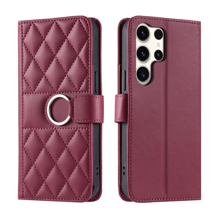 Ring Buckle Rhombic Leather Phone Case, For Galaxy S25 Ultra 5G