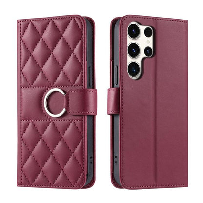 Ring Buckle Rhombic Leather Phone Case, For Galaxy S25 Ultra 5G