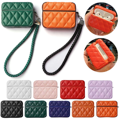 Down Coat Texture PU Earbuds Box PC Case with Lanyard, For AirPods 1 / 2