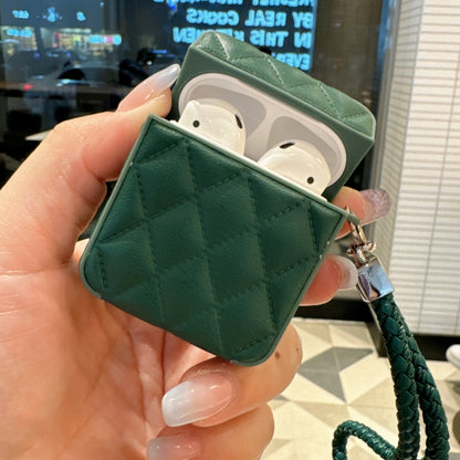 Down Coat Texture PU Earbuds Box PC Case with Lanyard, For AirPods 1 / 2