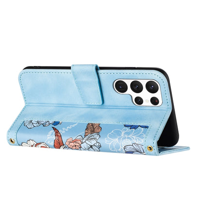 Floral Pattern Leather Phone Case with Lanyard, For Samsung Galaxy S22 Ultra 5G, For Samsung Galaxy S22+ 5G, For Samsung Galaxy S22 5G, For Samsung Galaxy S21 FE 5G