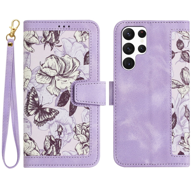 Floral Pattern Leather Phone Case with Lanyard, For Samsung Galaxy S22 Ultra 5G, For Samsung Galaxy S22+ 5G, For Samsung Galaxy S22 5G, For Samsung Galaxy S21 FE 5G