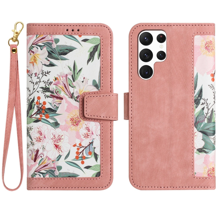 Floral Pattern Leather Phone Case with Lanyard, For Samsung Galaxy S22 Ultra 5G, For Samsung Galaxy S22+ 5G, For Samsung Galaxy S22 5G, For Samsung Galaxy S21 FE 5G