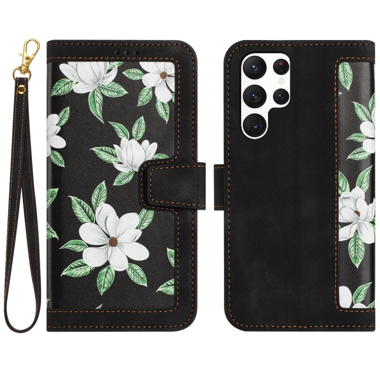 Floral Pattern Leather Phone Case with Lanyard, For Samsung Galaxy S22 Ultra 5G, For Samsung Galaxy S22+ 5G, For Samsung Galaxy S22 5G, For Samsung Galaxy S21 FE 5G