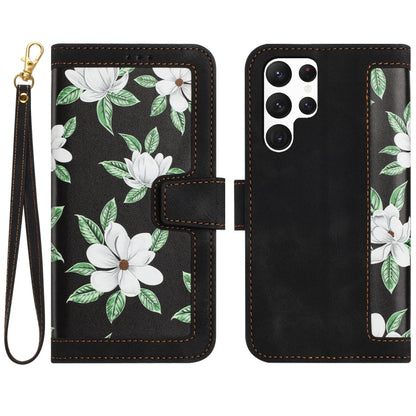 Floral Pattern Leather Phone Case with Lanyard, For Samsung Galaxy S22 Ultra 5G, For Samsung Galaxy S22+ 5G, For Samsung Galaxy S22 5G, For Samsung Galaxy S21 FE 5G