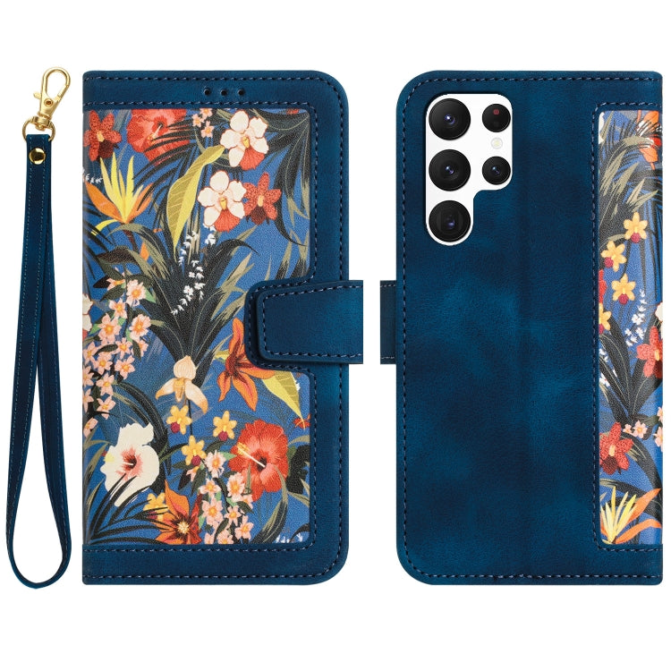 Floral Pattern Leather Phone Case with Lanyard, For Samsung Galaxy S22 Ultra 5G, For Samsung Galaxy S22+ 5G, For Samsung Galaxy S22 5G, For Samsung Galaxy S21 FE 5G