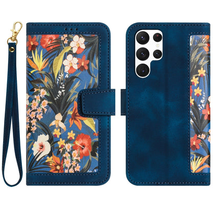 Floral Pattern Leather Phone Case with Lanyard, For Samsung Galaxy S22 Ultra 5G, For Samsung Galaxy S22+ 5G, For Samsung Galaxy S22 5G, For Samsung Galaxy S21 FE 5G