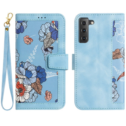 Floral Pattern Leather Phone Case with Lanyard, For Samsung Galaxy S22 Ultra 5G, For Samsung Galaxy S22+ 5G, For Samsung Galaxy S22 5G, For Samsung Galaxy S21 FE 5G