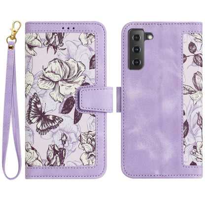 Floral Pattern Leather Phone Case with Lanyard, For Samsung Galaxy S22 Ultra 5G, For Samsung Galaxy S22+ 5G, For Samsung Galaxy S22 5G, For Samsung Galaxy S21 FE 5G