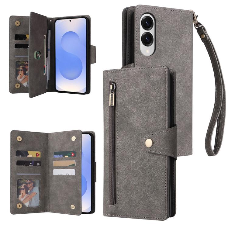 Rivet Buckle 9 Cards Three Fold Leather Phone Case, For Samsung Galaxy S25 Edge 5G, For Samsung Galaxy S25 5G, For Samsung Galaxy S25+ 5G, For Samsung Galaxy S25 Ultra 5G