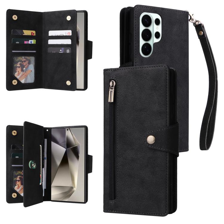 Rivet Buckle 9 Cards Three Fold Leather Phone Case, For Samsung Galaxy S26+ 5G, For Samsung Galaxy S26 Ultra 5G, For Samsung Galaxy S26 5G, For Samsung Galaxy S25 FE 5G