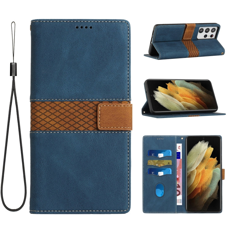 Grid Stitching Leather Phone Case with Lanyard, For Samsung Galaxy S21 Ultra 5G