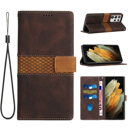 Grid Stitching Leather Phone Case with Lanyard, For Samsung Galaxy S21 Ultra 5G