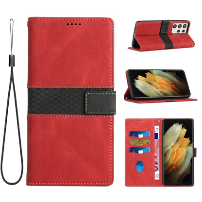 Grid Stitching Leather Phone Case with Lanyard, For Samsung Galaxy S21 Ultra 5G